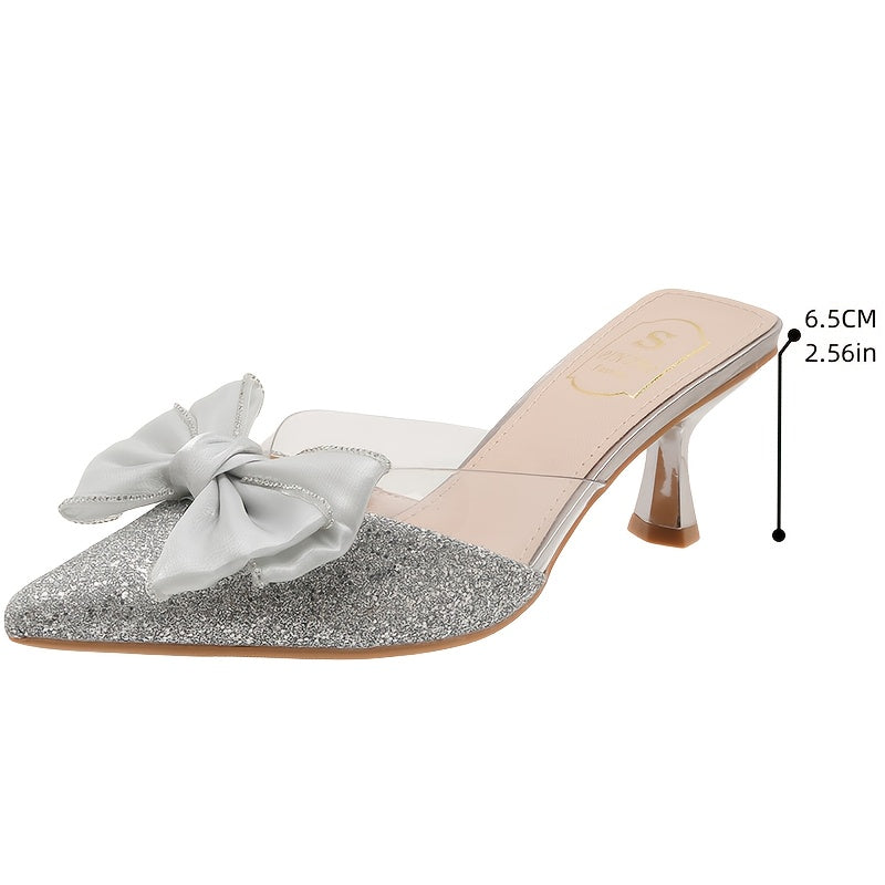 Elegant French-Inspired Pointed-Toe Mules with Bow Detail & Rhinestones - High Heel, Pointed Toe, Fabric Upper, Rubber Sole, Pointed Toe Mules