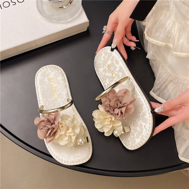 Women's Floral Embellished Slip-On Slippers with Golden Accents - Soft Fabric Upper, Non-Slip Rubber Sole & Cushioned Insole for All-Season Indoor\u002FOutdoor Comfort, Cute Slippers, Indoor Footwear, Elegant Slipon, Durable Comfort