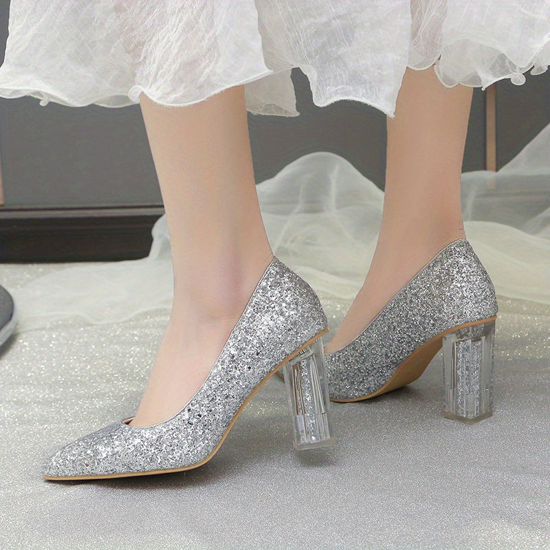 Women'S Rhinestone-Embellished Pointed-Toe High Heel Pumps - Glossy Synthetic Cover, Chunky Heel, All-Season Elegant Dress Shoes for Parties & Formal Events, High Heel Shoes, Party Footwear, Glamorous Shoe Design, Durable Grip Footwear