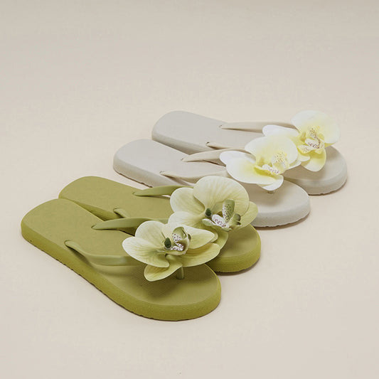 Women's Floral Flip Flops Non-Slip Flat Sole Slip-On Thong Sandals with Orchid Flower Design - Mint Green & White