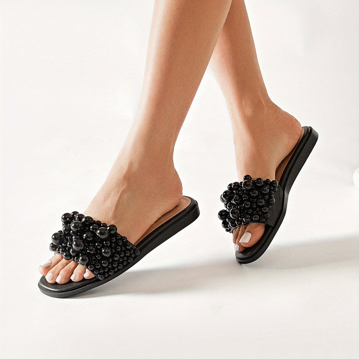 Women's -Embellished Flat Slides Sandals - Slip-On Open-Toe Summer Dressy Casual Shoes with PU Cover & TPR Sole, Comfortable White Footwear for Prom, Beach, Parties
