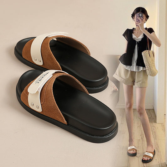 Women'S Retro Chunky Sole Flat Sandals - Black Microfiber Cover, Thick Rubber Sole, Comfortable EVA Insole