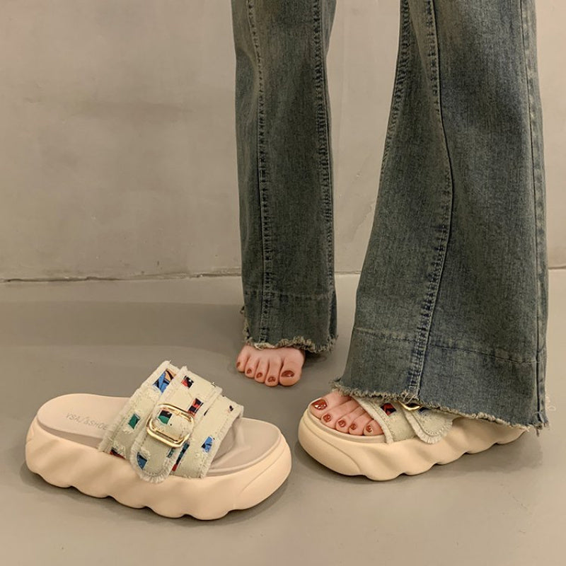 Women'S French-Inspired Chunky Sole Slide Sandals - White Fabric Upper with Colorful Embroidery