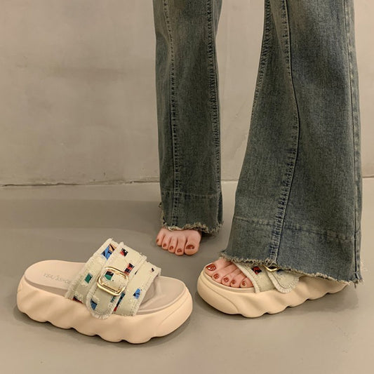 Women'S French-Inspired Chunky Sole Slide Sandals - White Fabric Upper with Colorful Embroidery