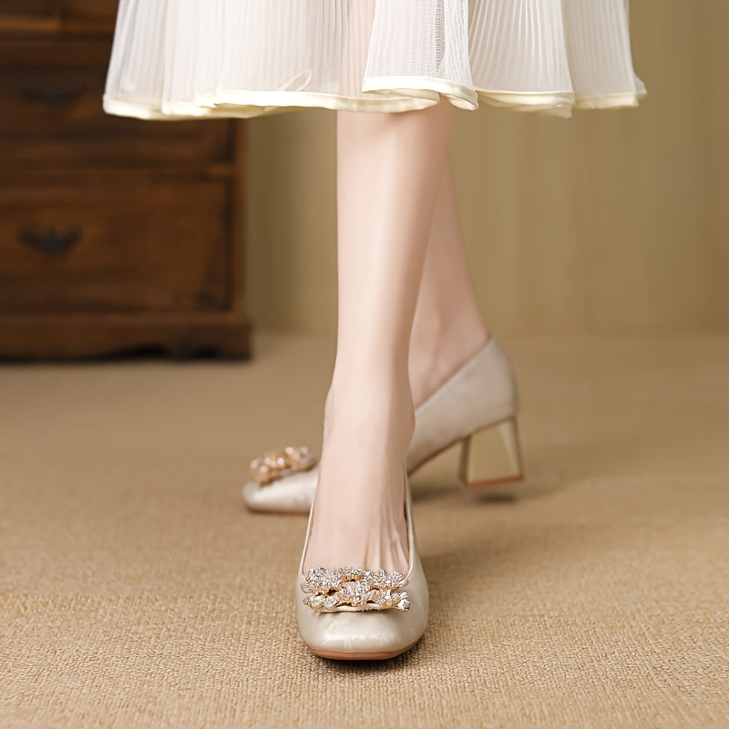 Huizhou-New Style Chinese National Style Fabric Chunky Heel Square Rhinestone Buckle Fashion Women's High Heels Versatile Wedding, Evening Gentle Shoes