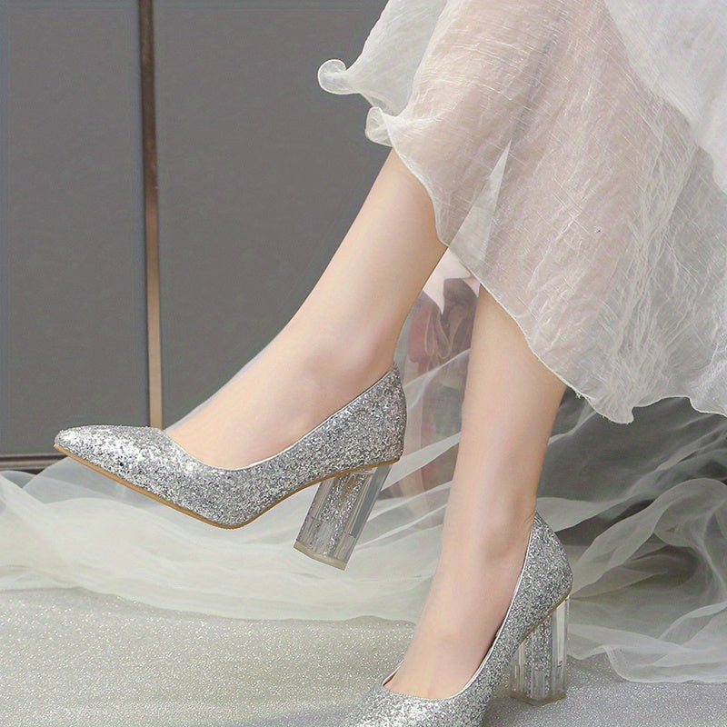 Women'S Rhinestone-Embellished Pointed-Toe High Heel Pumps - Glossy Synthetic Cover, Chunky Heel, All-Season Elegant Dress Shoes for Parties & Formal Events, High Heel Shoes, Party Footwear, Glamorous Shoe Design, Durable Grip Footwear