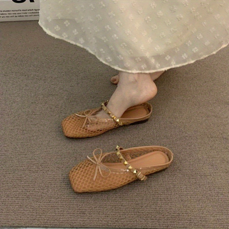 Women's Summer Square Toe Flat Sandals with Bow Detail - Breathable Mesh Upper & Non-Slip Rubber Sole, Comfortable Low Heel (Less Than 1.18inch) for Casual & Semi-Formal Outfits, Ladies Shoes And Sandals, Daily Wear Footwear, Elegant Shoe Design