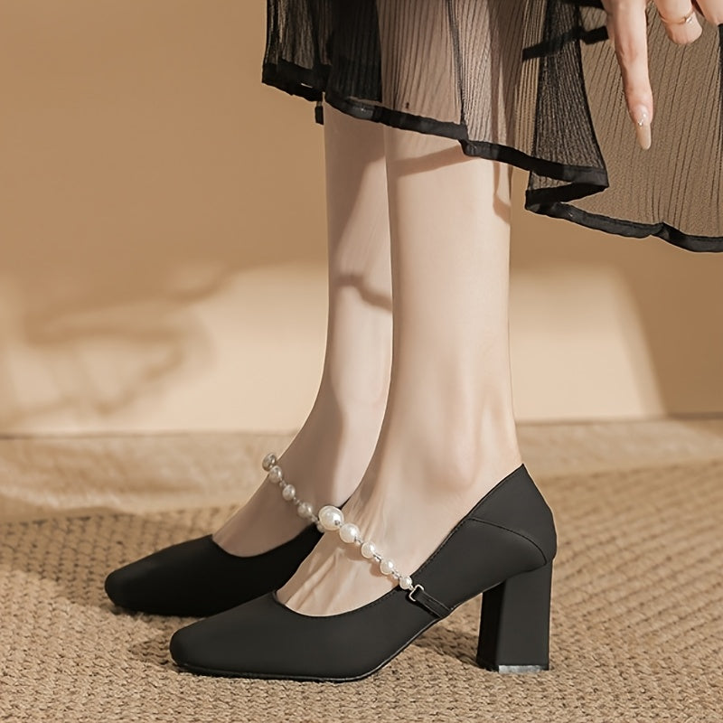 Women'S Square Toe Block Heel Pumps with Faux Pearl Ankle Strap - Elegant Black Synthetic Cover Dress Shoes, Comfortable Rubber Sole for Office & Formal Events, Versatile High Heel Design, Office Footwear, Polka Dot Pattern, Durable Footwear