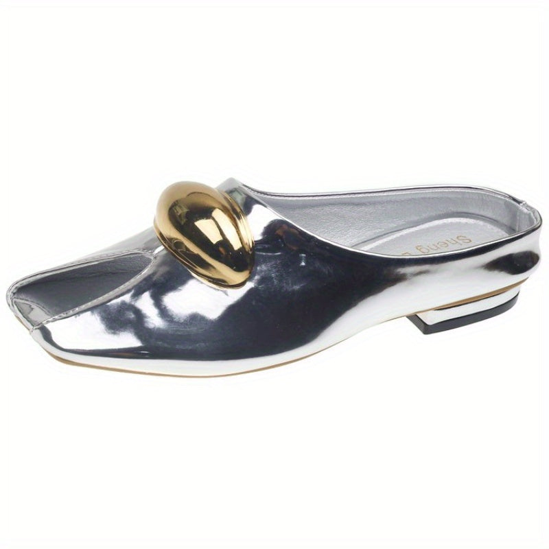 Women's PU Square Heel Closed Toe Slip-On Slippers - Low Heel (0.39-1.18inch) with Golden Buckle Detail, Red & Golden Color Block Design, Breathable Synthetic Cover & Rubber Sole for Summer Comfort, Dressy Slipons, Chic Slippers, Rubber Sole Footwear