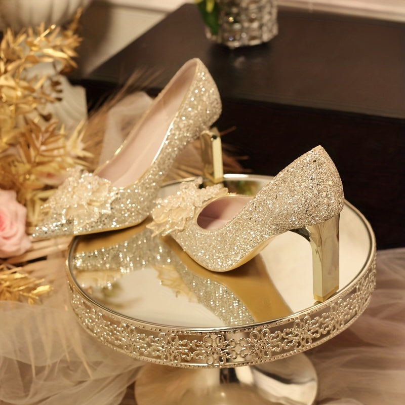 Women'S Summer Versatile High Heels, Fashionable Shiny Glitter Single Shoes, Wedding Shoes