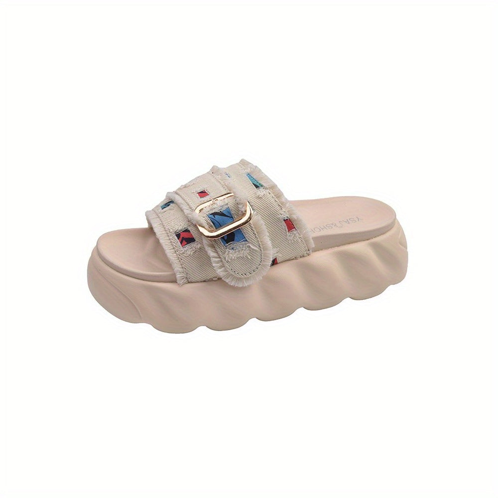 Women'S French-Inspired Chunky Sole Slide Sandals - White Fabric Upper with Colorful Embroidery