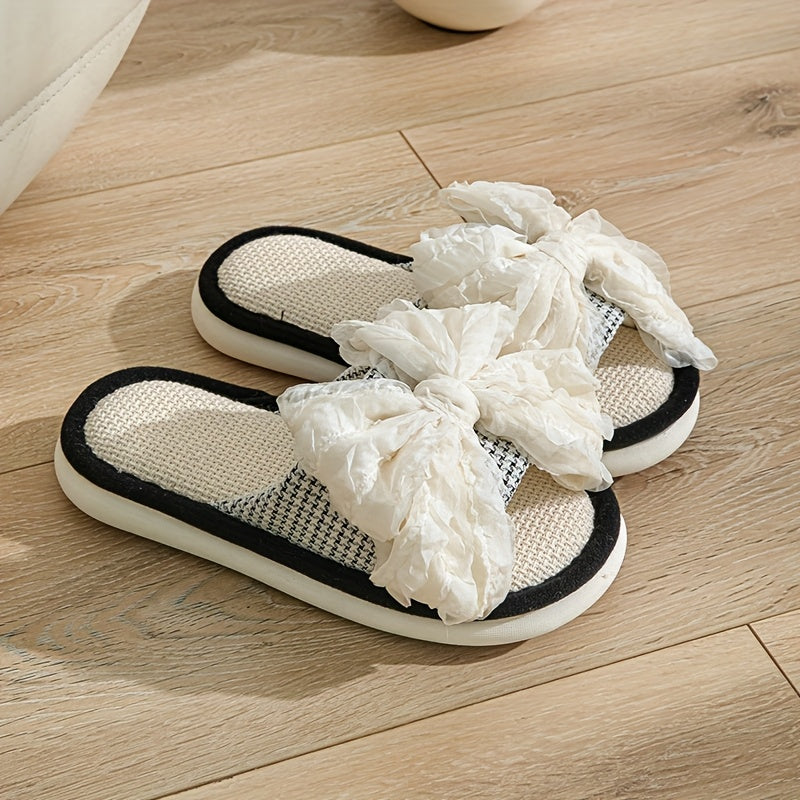 Linen Slip-On Slippers Comfortable Linen Women's Slip-On Slippers | Non-Slip Thick Sole, Bow Detail