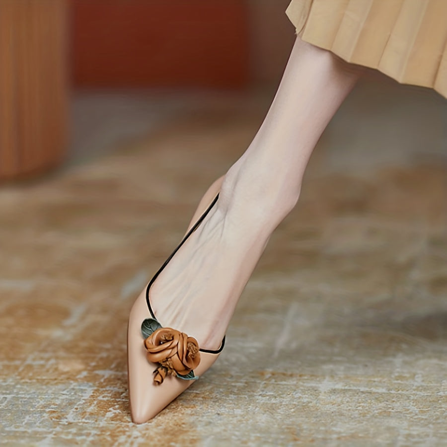 Floral Stiletto Pumps Elegant Women's Pointed-Toe Stiletto Pumps with Floral Accents | Mid-Height Heels, Faux Cover Upper & Rubber Sole | Fall Fashion Shoes in Beige & Brown