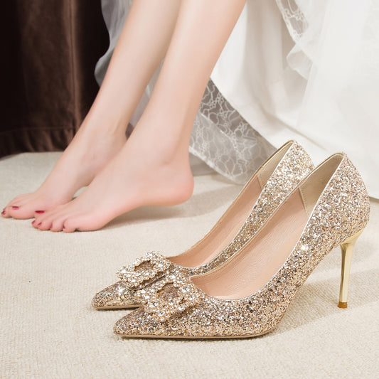 1 Pair of Women's French Gilette Champagne High Heel Bridal Shoes with Golden Glitter Sequins, Comfortable for Both Wedding Dress and Main Wear