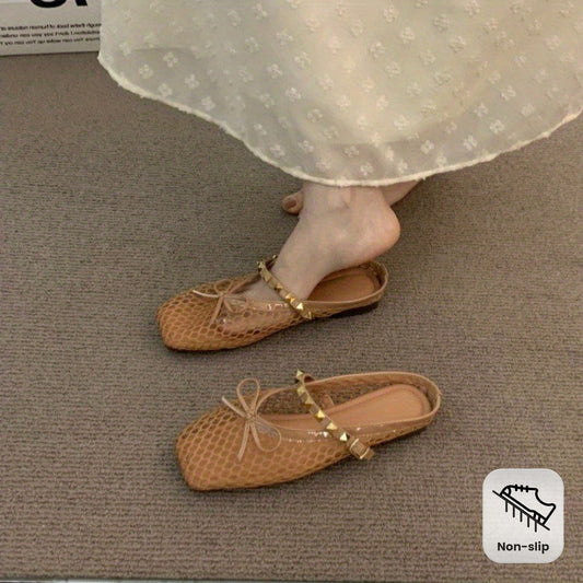 Women's Summer Square Toe Flat Sandals with Bow Detail - Breathable Mesh Upper & Non-Slip Rubber Sole, Comfortable Low Heel (Less Than 1.18inch) for Casual & Semi-Formal Outfits, Ladies Shoes And Sandals, Daily Wear Footwear, Elegant Shoe Design