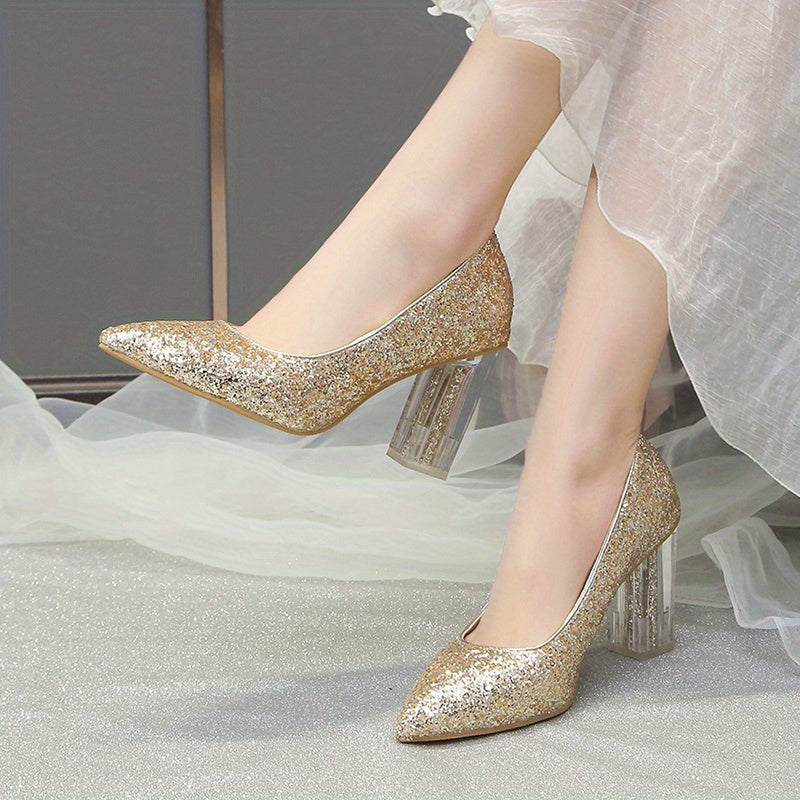 Women'S Rhinestone-Embellished Pointed-Toe High Heel Pumps - Glossy Synthetic Cover, Chunky Heel, All-Season Elegant Dress Shoes for Parties & Formal Events, High Heel Shoes, Party Footwear, Glamorous Shoe Design, Durable Grip Footwear