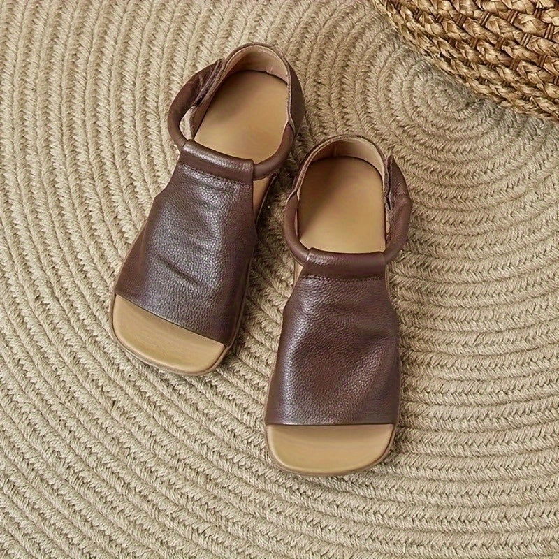 Comfortable Sandals Comfortable Brown PU Women's Summer Sandals | Open-Toe Flat Sandals with Adjustable Hook-and-Loop Strap, Soft Rubber Sole, Casual Strappy Sandals, Durable Footwear for All Seasons