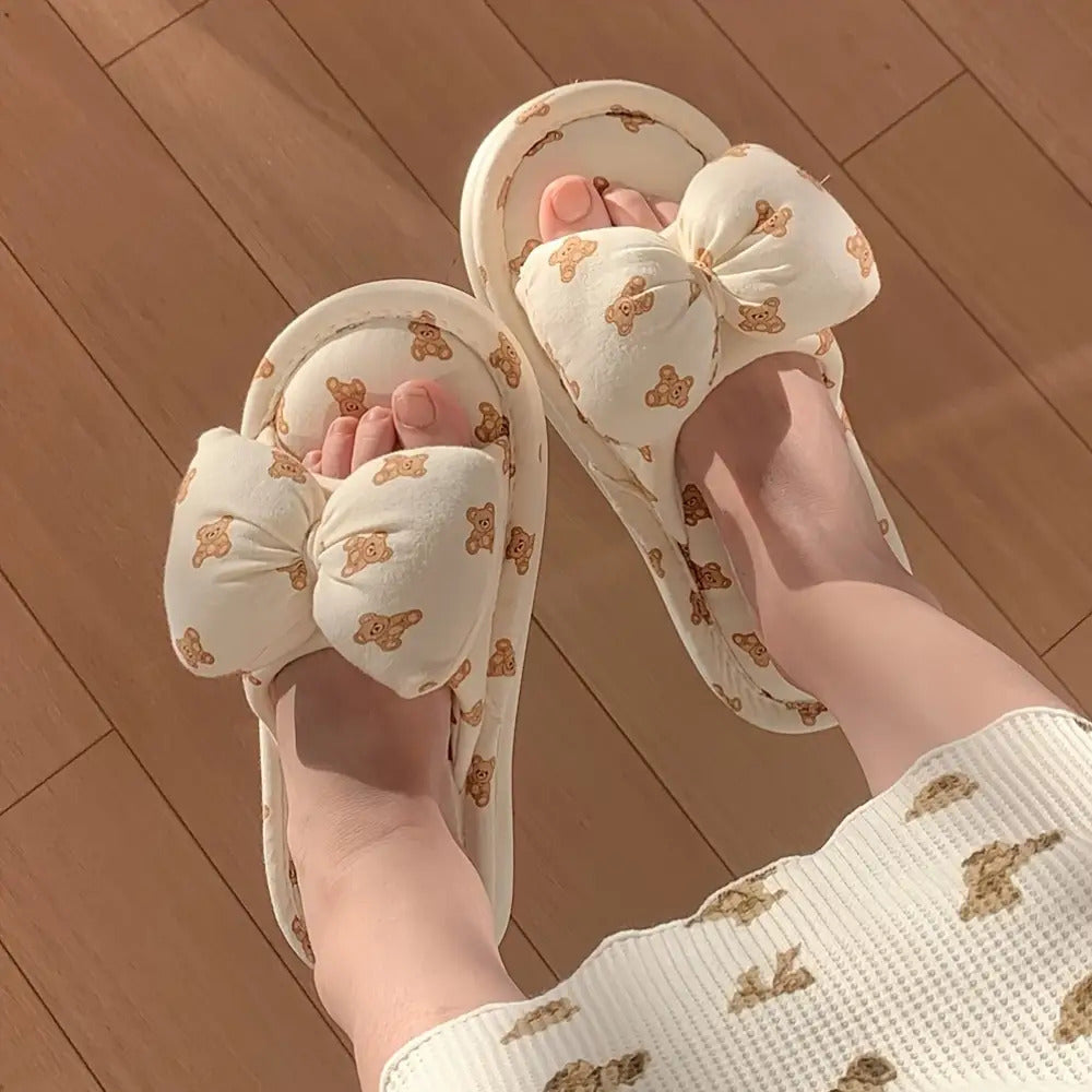 Xixia Women'S Adorable Bear And Bow Design Slip-On Footwear - Soft Fabric Upper And Lining