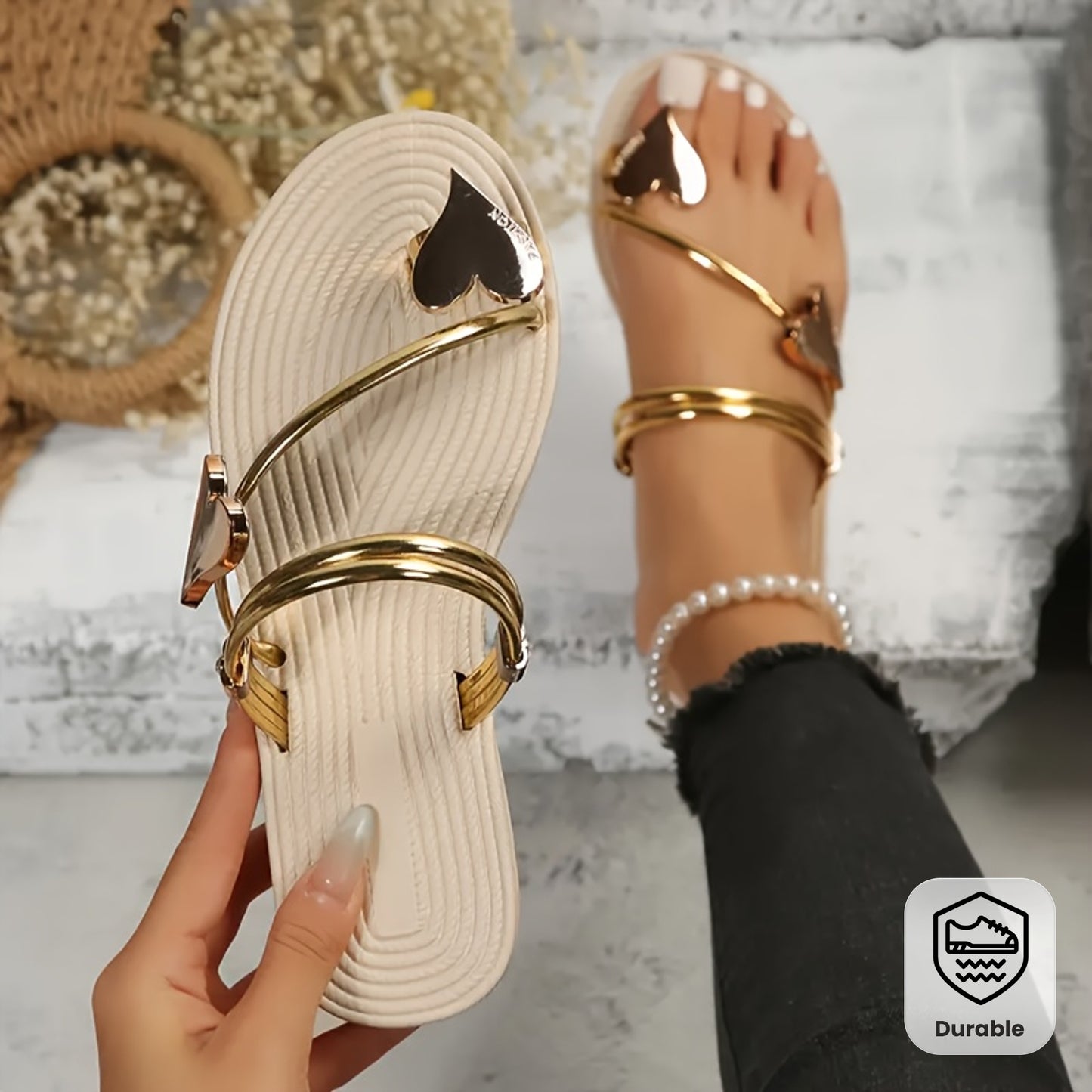 Women's Elegant Heart Design Slip-On Flat Sandals - Open-Toe Summer Shoes with Metallic Accents, Synthetic Cover & Rubber Sole for Casual or Dressy Outfits, Beach Wear, Durable Comfort Footwear