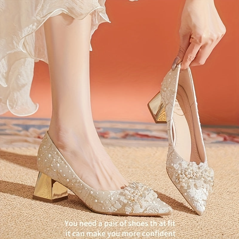 French-Inspired Pumps Comfortable French-Inspired Rhinestone & Embellished Women's Pointed-Toe Block Heel Pumps | Durable Rubber Sole, Mid-Heel Dress Shoes for Weddings, Parties & Formal Events