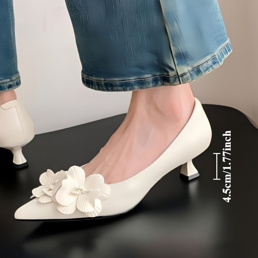 Women's French Floral-Decorated Pointed-Toe Low Block Heel Pumps - Elegant White Synthetic Cover Shoes with Cushioned Insole for All-Season Versatile Wear