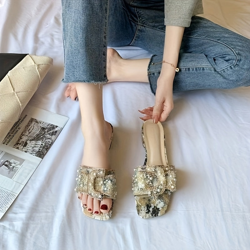 Elegant Rhinestone-Embellished Women's Flats - Comfortable Soft Sole, Slip-On Design with Square Toe, Low Heel, TPU Upper & Rubber Sole, Perfect for All Seasons, Dressy Sandals | Elegant Slipon Loafers | Durable Comfort, Cute Shoes
