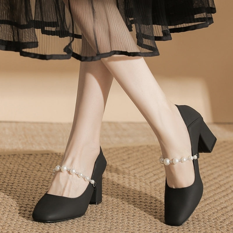 Women'S Square Toe Block Heel Pumps with Faux Pearl Ankle Strap - Elegant Black Synthetic Cover Dress Shoes, Comfortable Rubber Sole for Office & Formal Events, Versatile High Heel Design, Office Footwear, Polka Dot Pattern, Durable Footwear