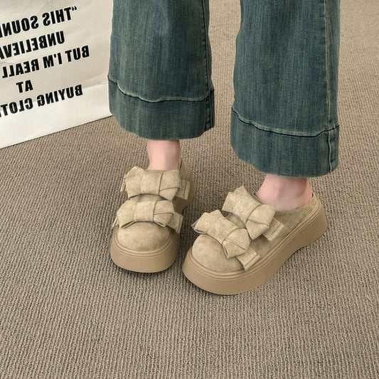 Women's Chunky Platform Mules with Bow Accent - Thick Platform Heel Wedge Sandals