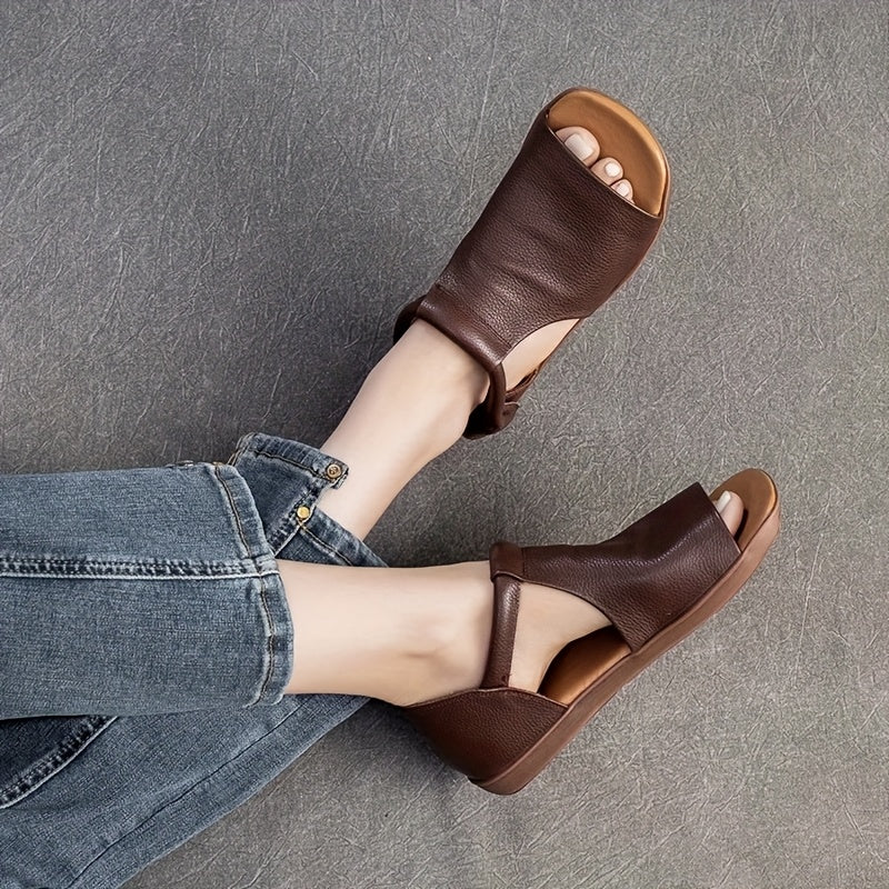 Comfortable Sandals Comfortable Brown PU Women's Summer Sandals | Open-Toe Flat Sandals with Adjustable Hook-and-Loop Strap, Soft Rubber Sole, Casual Strappy Sandals, Durable Footwear for All Seasons