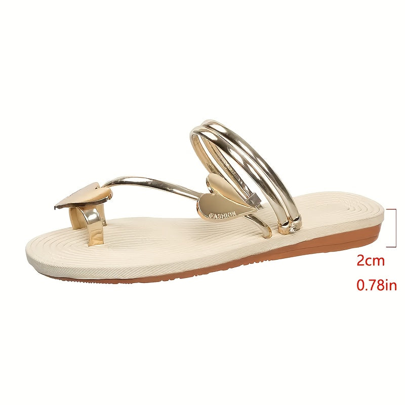 Women's Elegant Heart Design Slip-On Flat Sandals - Open-Toe Summer Shoes with Metallic Accents, Synthetic Cover & Rubber Sole for Casual or Dressy Outfits, Beach Wear, Durable Comfort Footwear