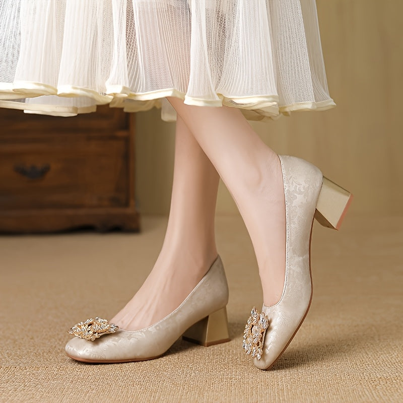 Huizhou-New Style Chinese National Style Fabric Chunky Heel Square Rhinestone Buckle Fashion Women's High Heels Versatile Wedding, Evening Gentle Shoes