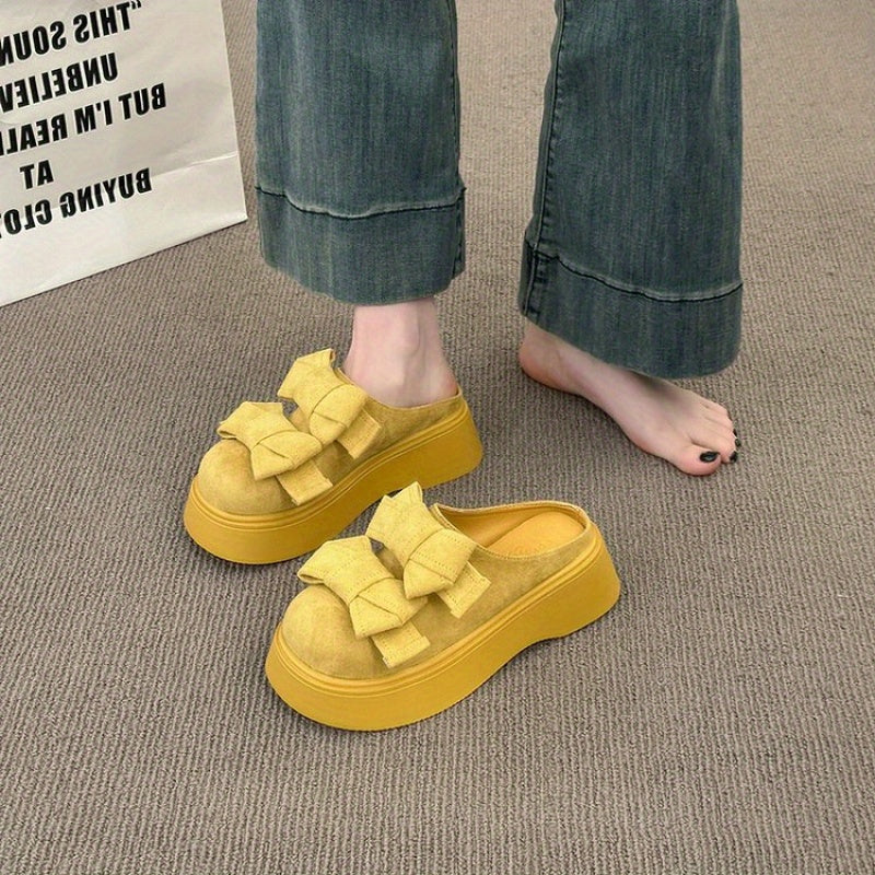 Women's Chunky Platform Mules with Bow Accent - Thick Platform Heel Wedge Sandals