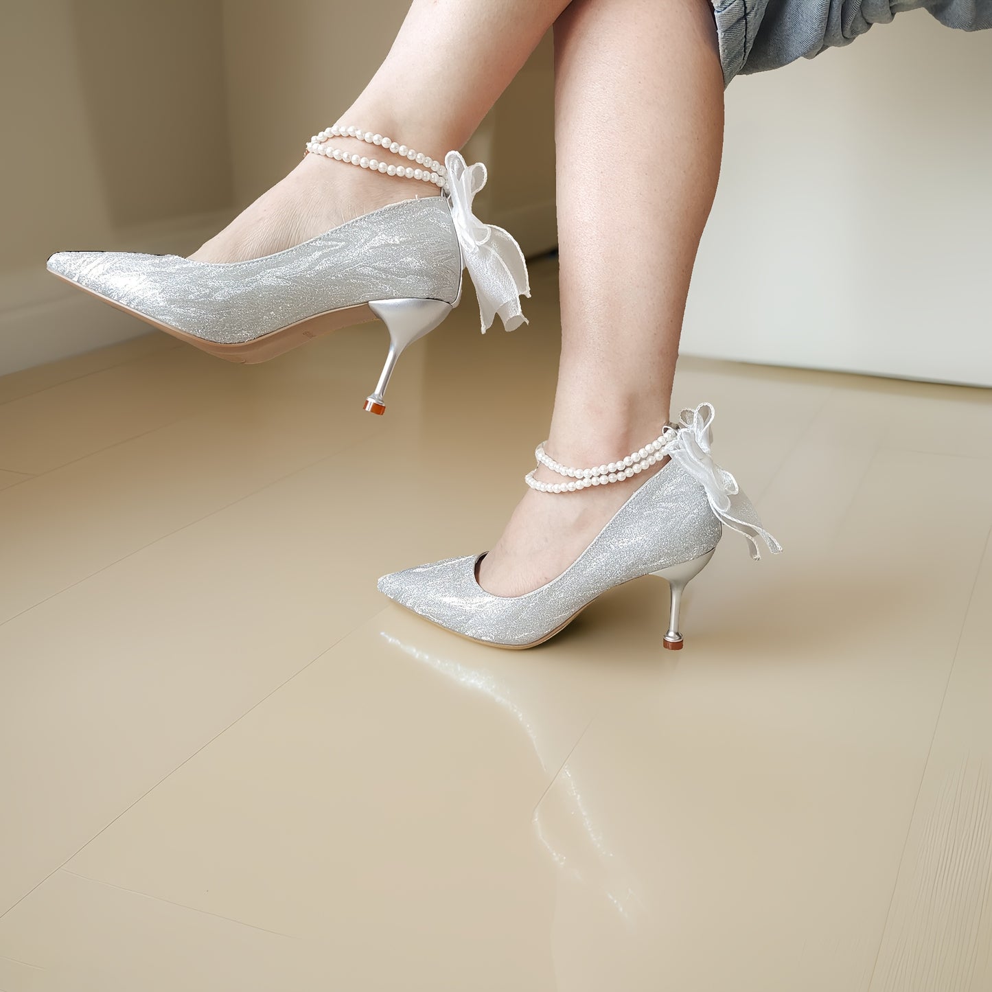 Elegant Silvery Stiletto Heels for Women with Bow Detail - Pointed Toe, Synthetic Cover, Rubber Sole, All-Season Versatile High Heels|Glittery Heels|Rubber Sole Heels