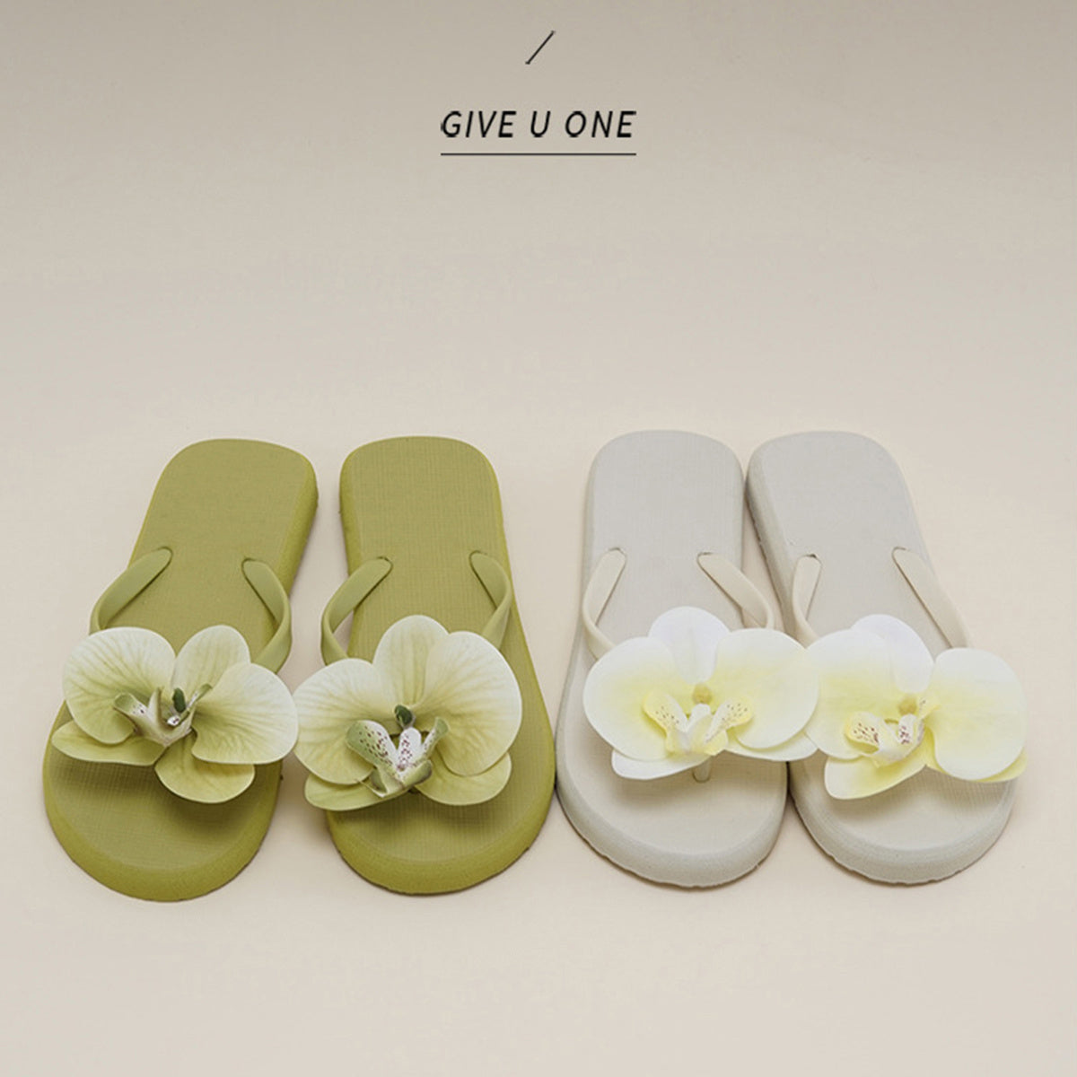 Women's Floral Flip Flops Non-Slip Flat Sole Slip-On Thong Sandals with Orchid Flower Design - Mint Green & White