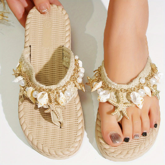 Women'S Summer Beach Flip-Flops with Shell Chain Accents - Casual Woven Straw Flat Sandals, Round Toe & Slip-On Design for Poolside, Vacation, or Casual Attire, Beach Shoes