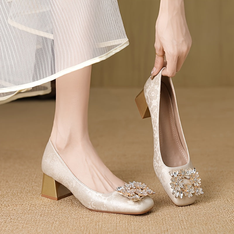 Huizhou-New Style Chinese National Style Fabric Chunky Heel Square Rhinestone Buckle Fashion Women's High Heels Versatile Wedding, Evening Gentle Shoes